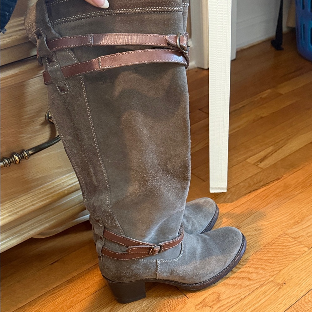 Brown Suede Knee-High Boots with Straps